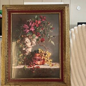 Home Interiors Gold and Red Framed Cherub Floral Art- Angel picture frame